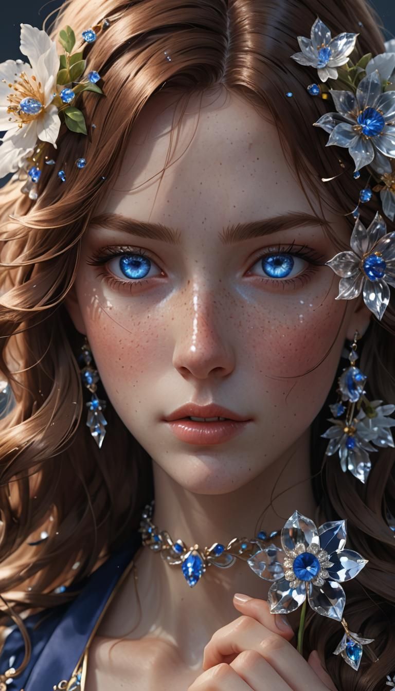 Anime Girl Portrait with Crystal Flower in 3D