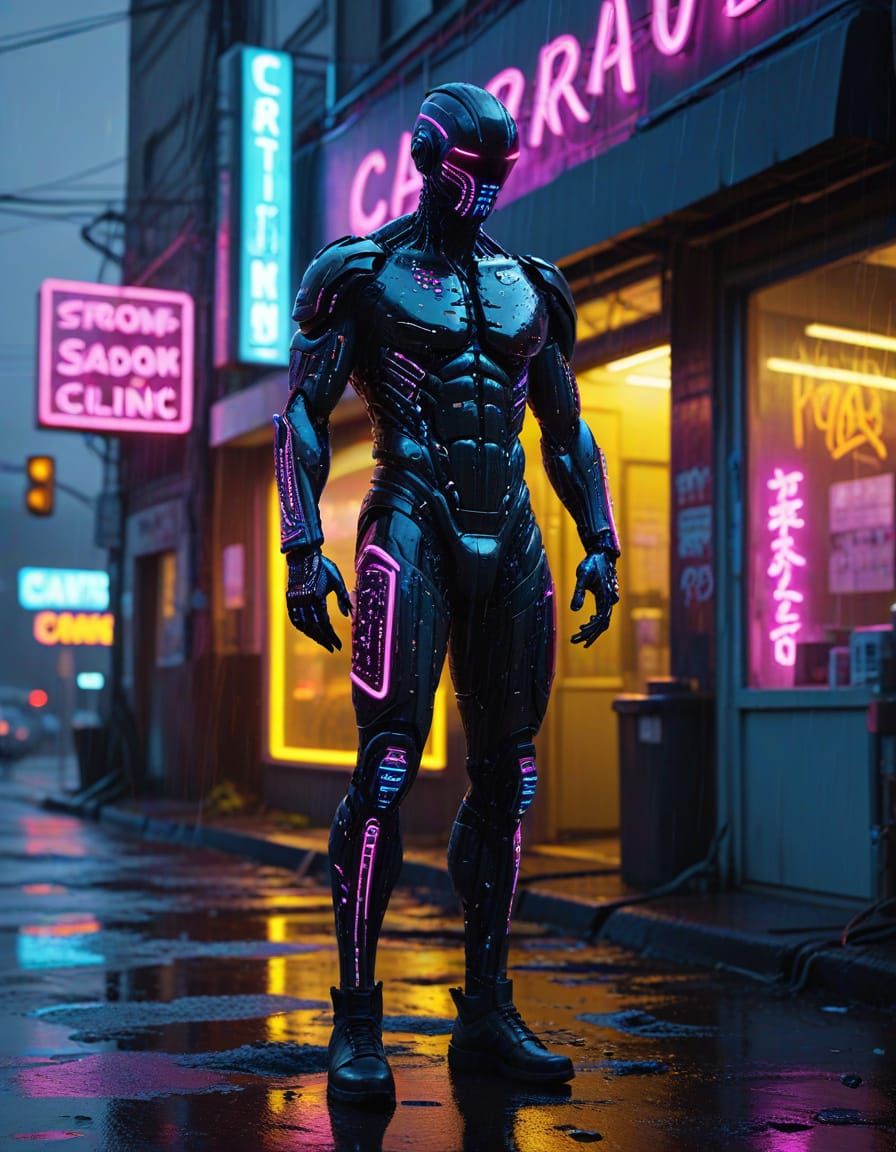 Gritty Cyberpunk Samurai in Neon Rain
