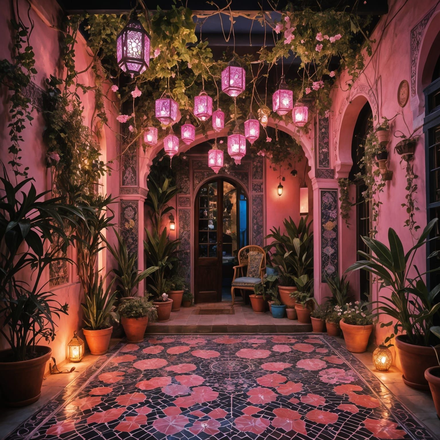 Vibrant Neon Pink Moroccan Garden at Night