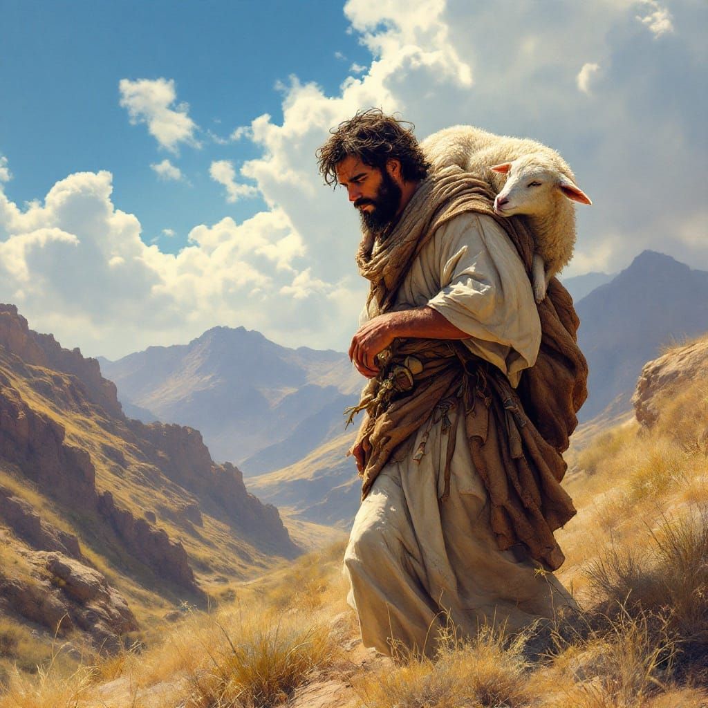 Man Carries Lamb through Ancient Israel Wilderness in Hyperd...