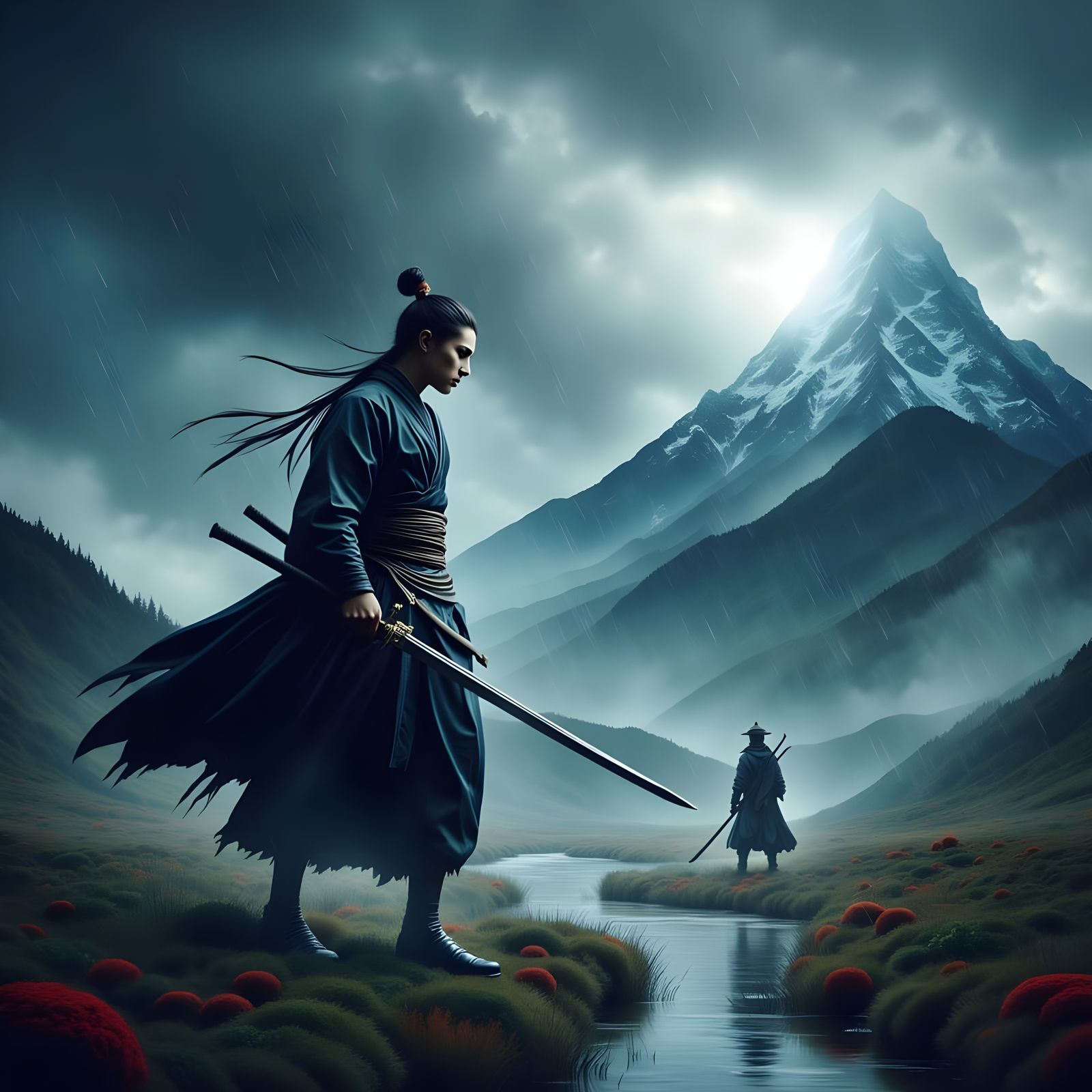 Samurai Faces Ninja in Stormy Mountain Duel