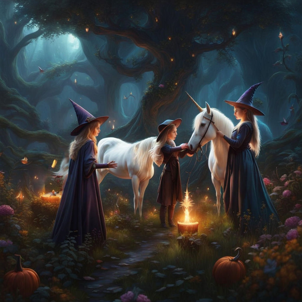 Child Witches and Unicorns in Fantasy Landscape