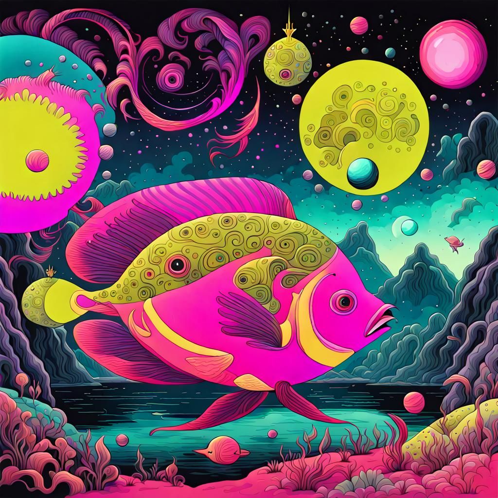Fantastical Cosmic Landscape with Stylized Fish
