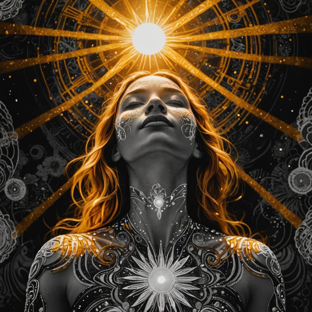 Ethereal Woman in Astral Sunlight: Mixed Media Portrait