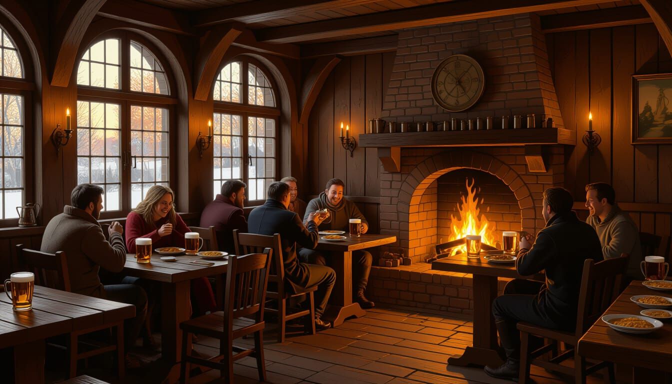 Cozy Tavern Scene in Autumn Evening Light