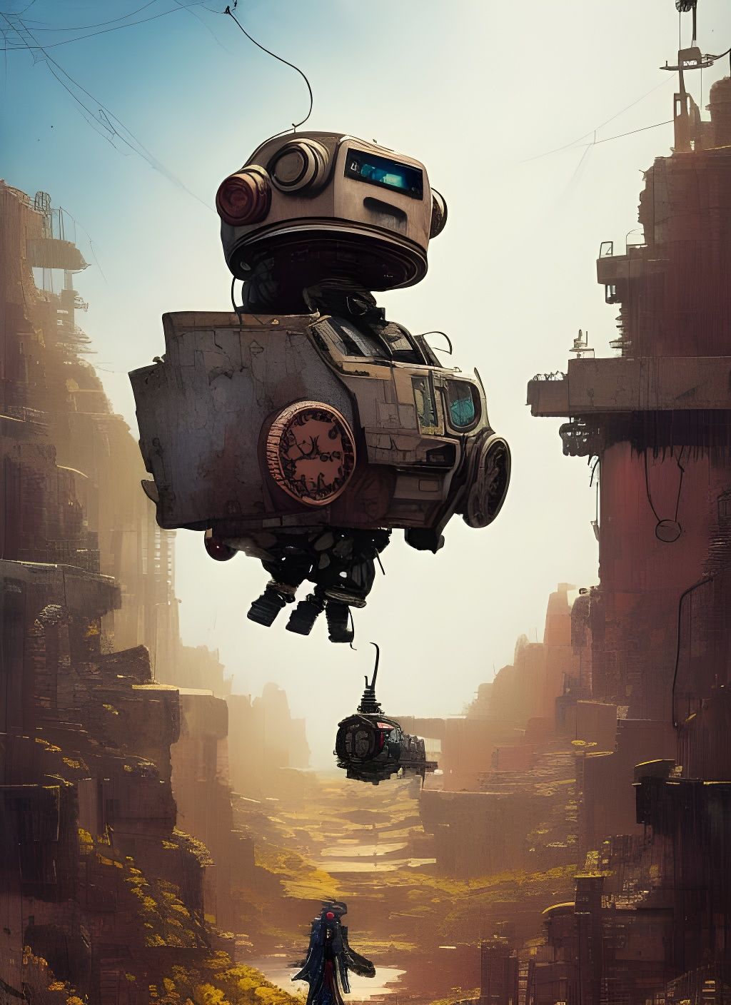 Lonely Robot in Dystopian Wasteland: Watercolor Art