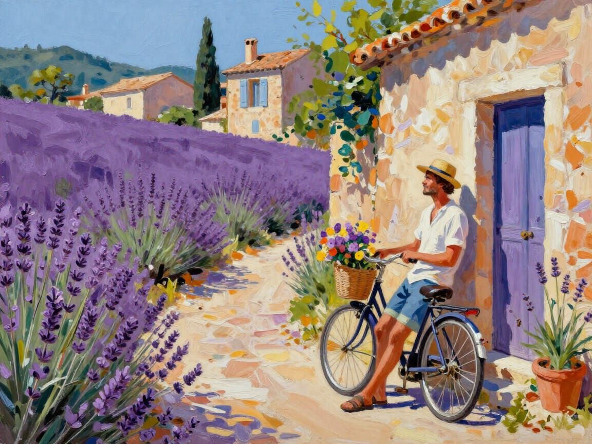 Provence Lavender Village Street Scene in Acrylic