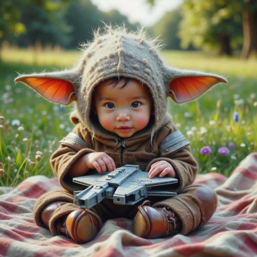 Baby Mandalorian with Toy Spaceship in Impasto Style