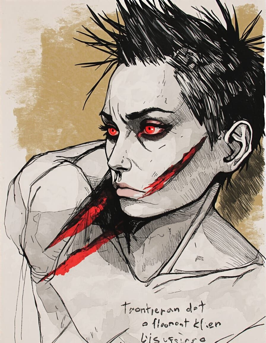 Somber Woman with Red Eyes in Illustrative Style