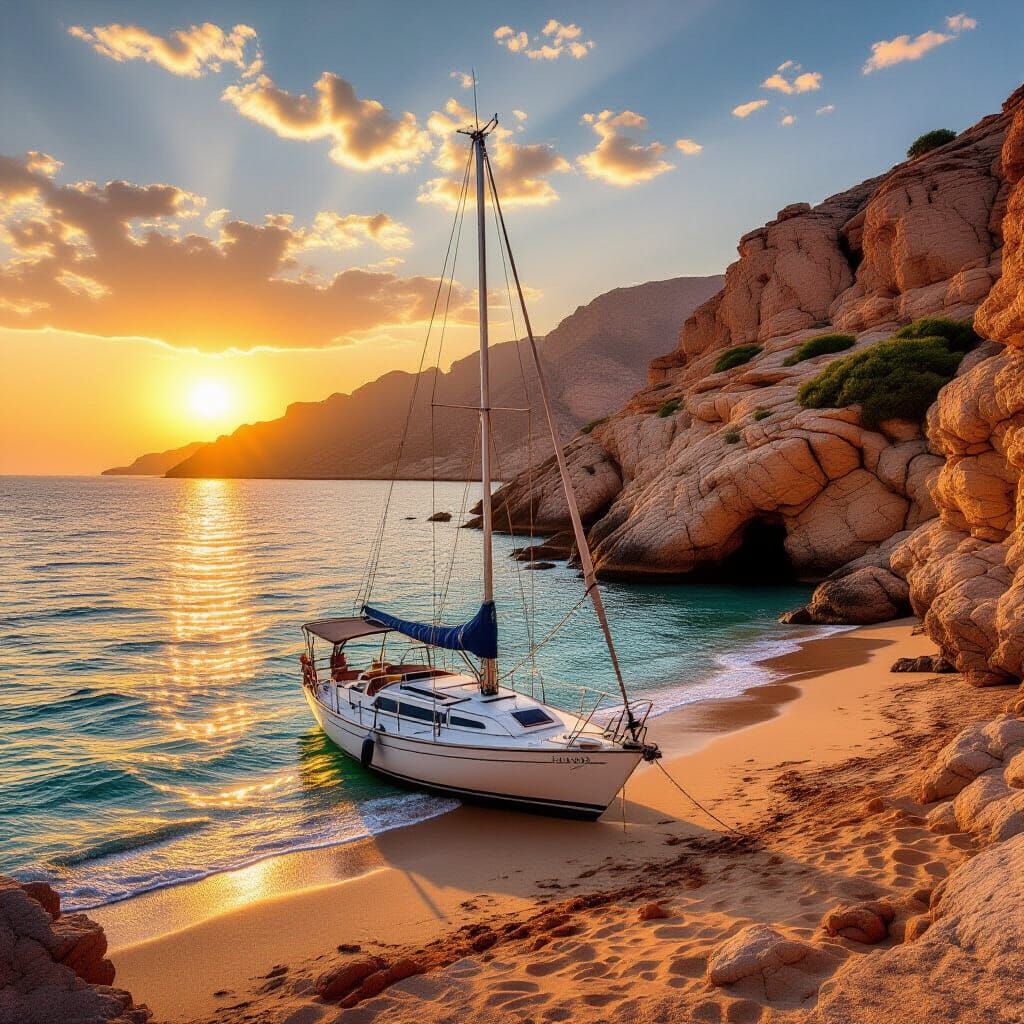 Muscat Coastline Sunset: Sailboat on Sandy Beach