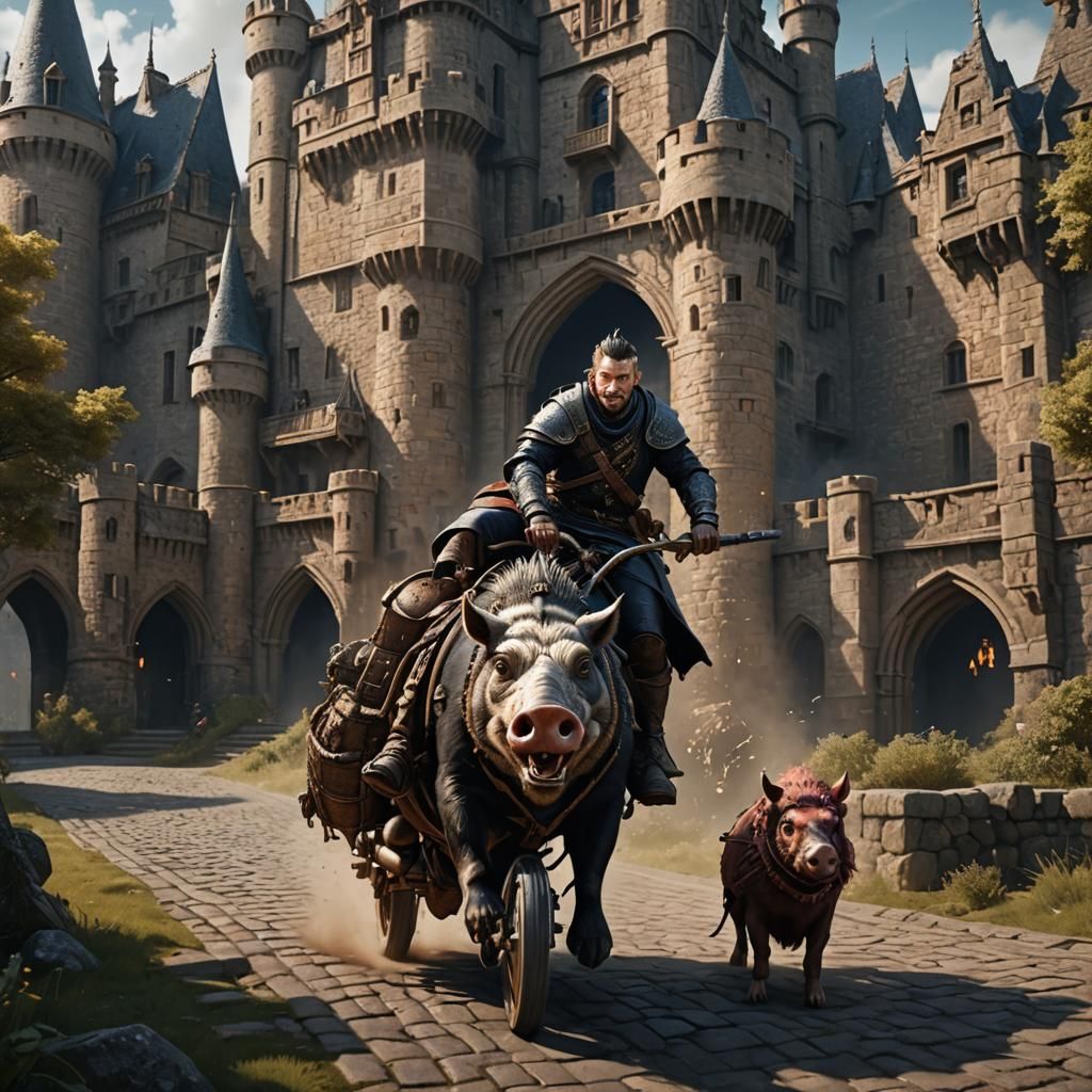 Medieval Knight on Hog Approaching Castle