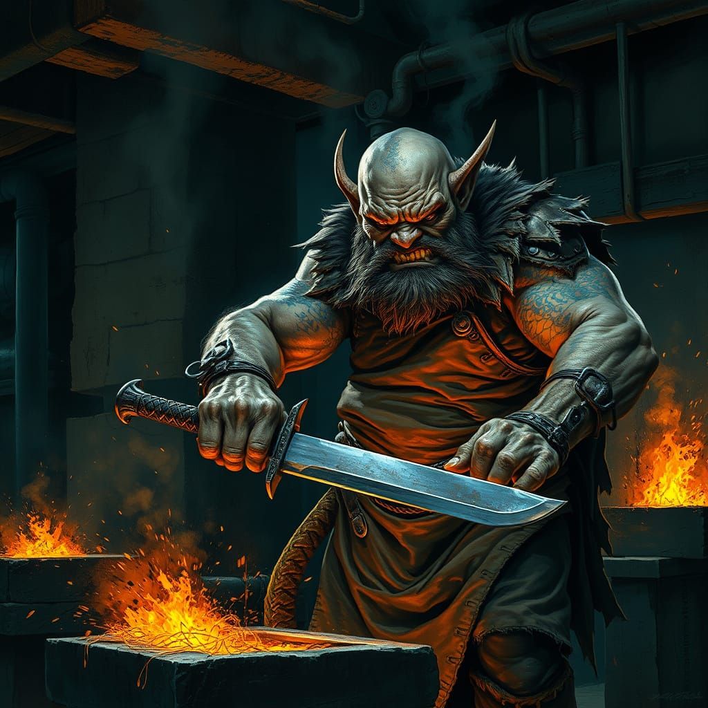 Orc Blacksmith Forging Glowing Sword in Dark Fantasy Style