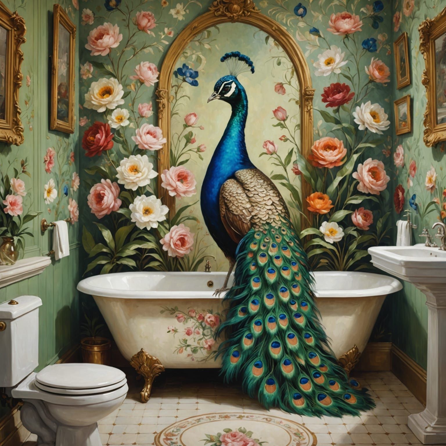 Vibrant Peacock Amidst Whimsical Victorian Florals in Modern...