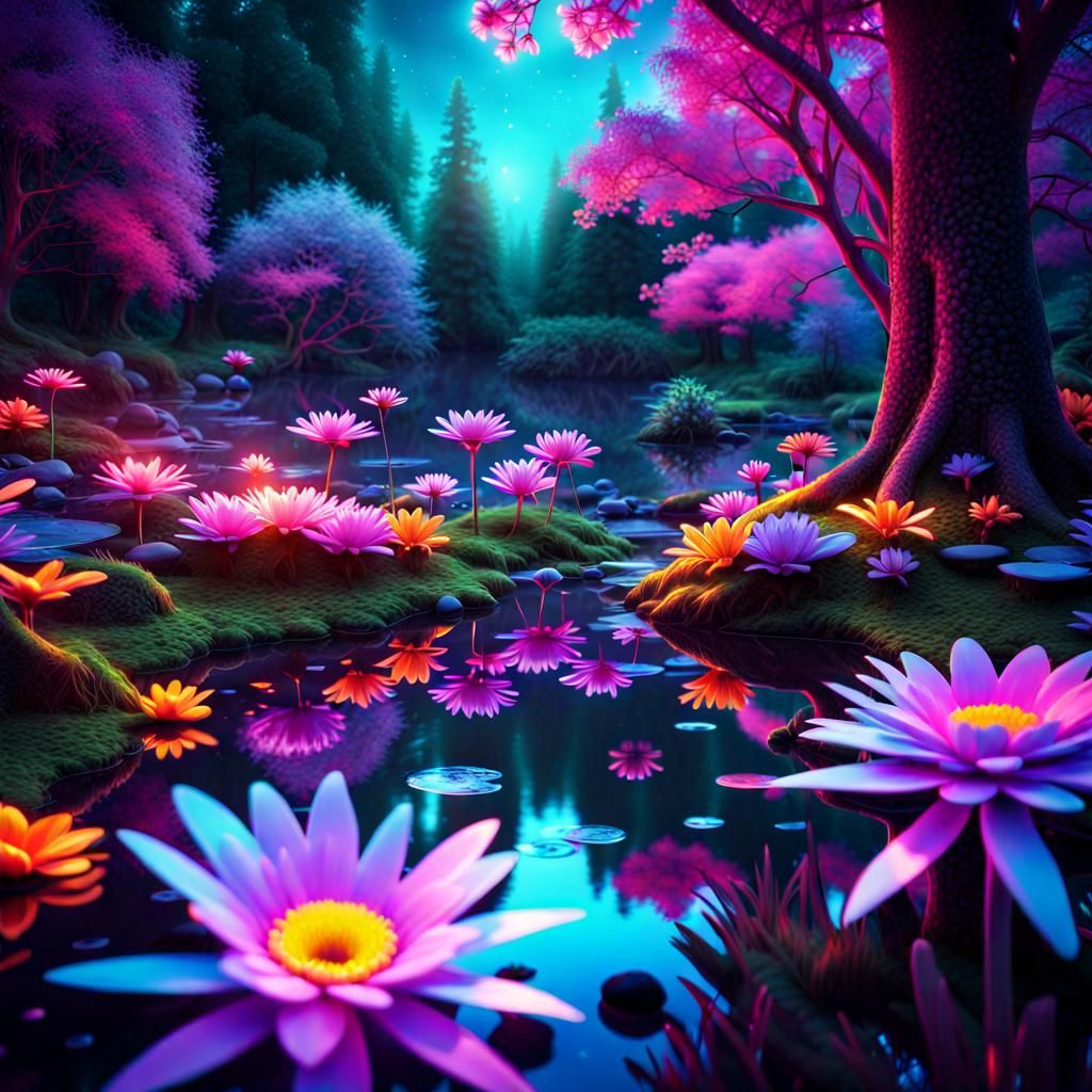 Neon Flowers in Magical Forest: Holographic Illustration