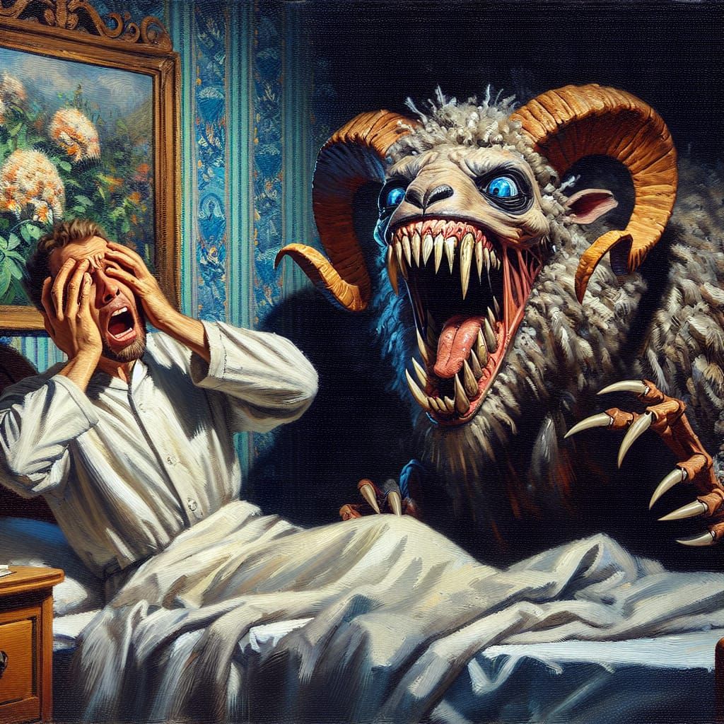 Frightened Man Confronts Grotesque Sheep in Bedroom