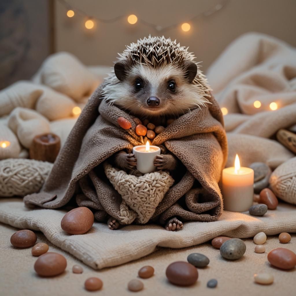 Adorable Hedgehog Enjoying Hot Chocolate by Pebble Fireplace