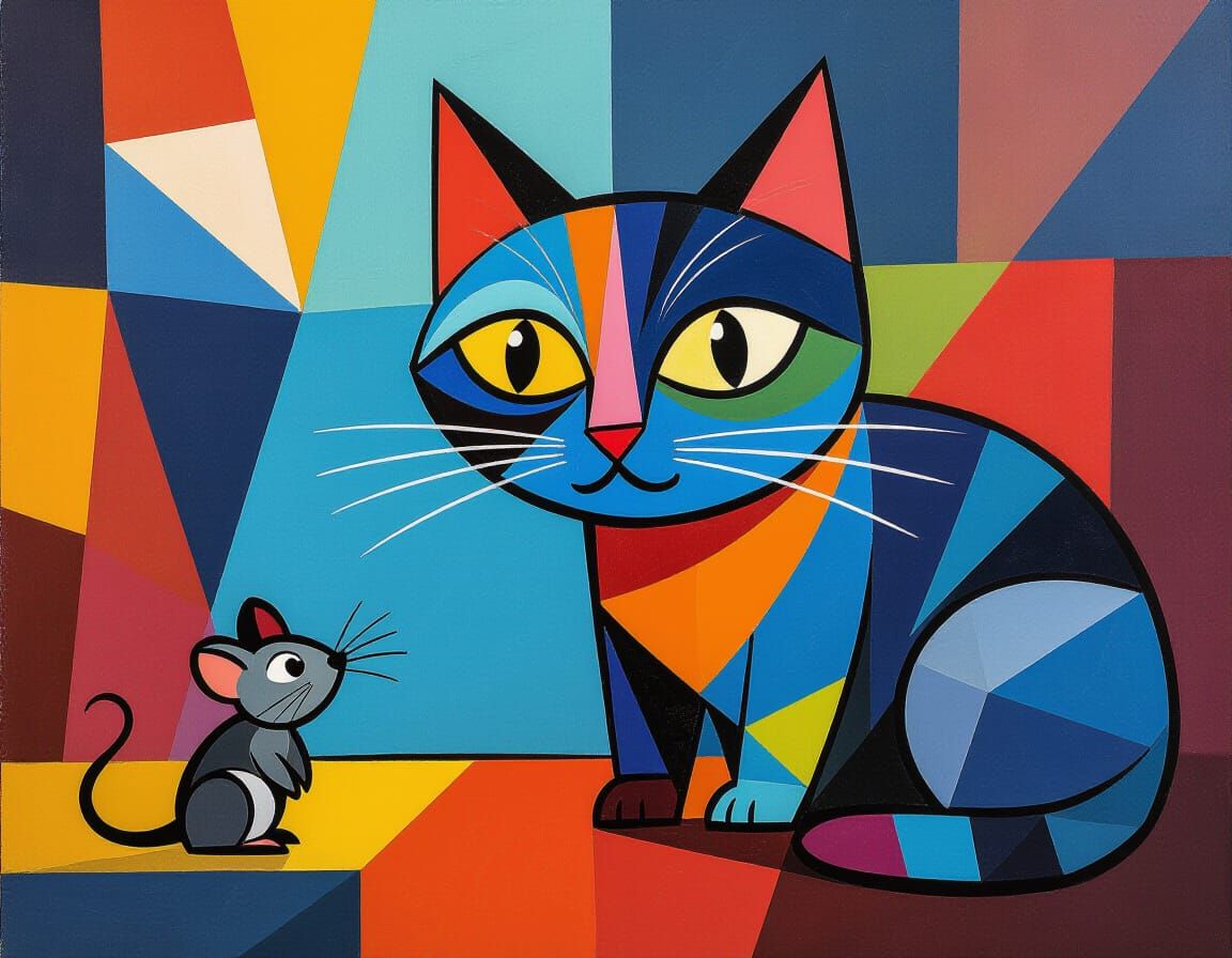 Geometric Cat's Surprising Encounter in Cubist Style