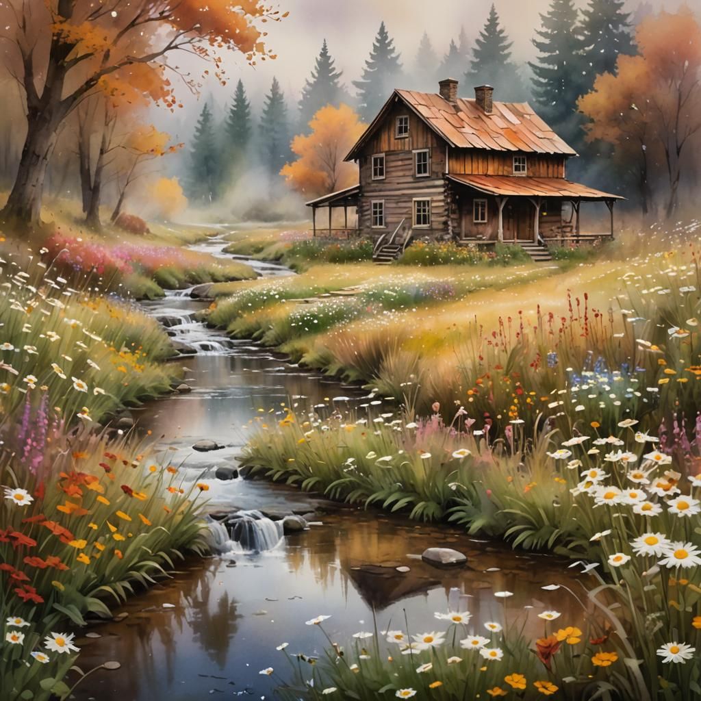 Fantasy Watercolor of Autumn Cabin and Stream