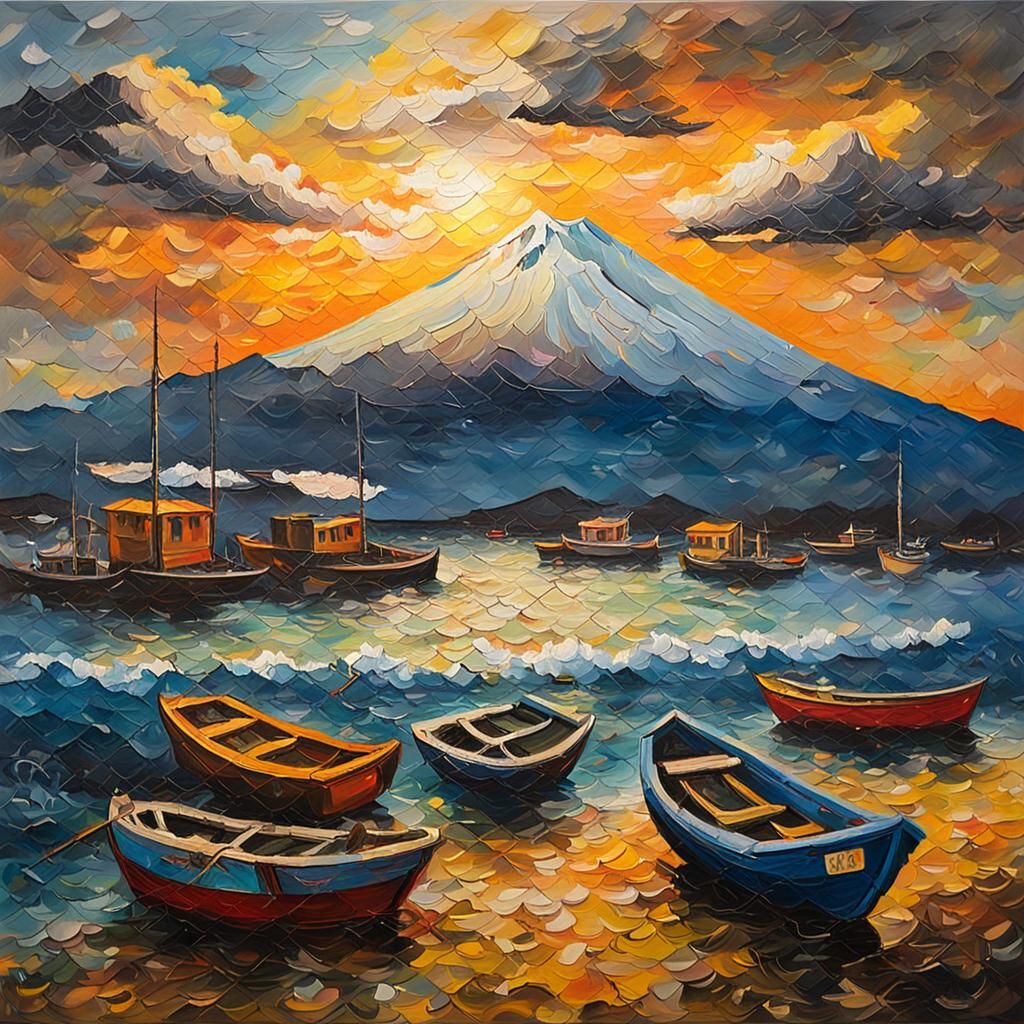 Neo-Expressionist Oceanside Scene in Japan with Mt. Fuji