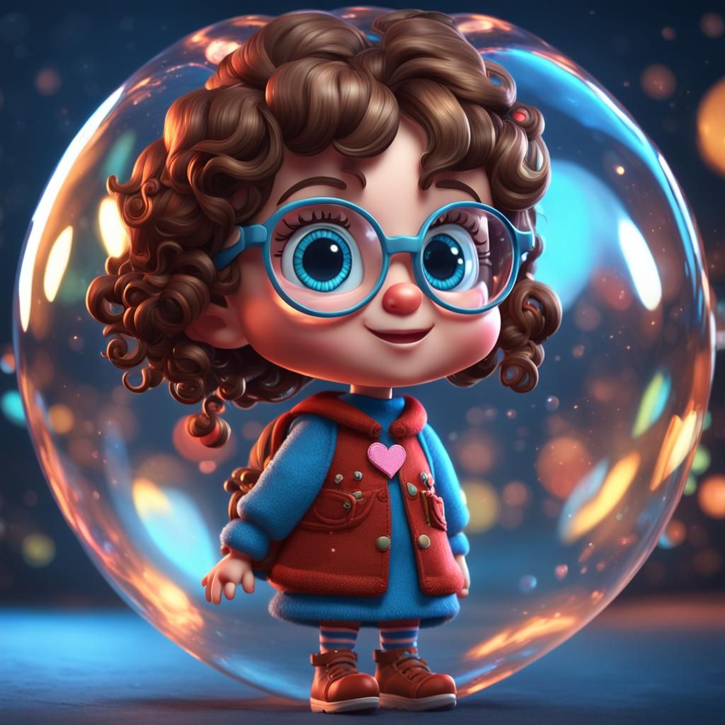 Micro Gnome Girl in Bubble, CGI Cartoon Art