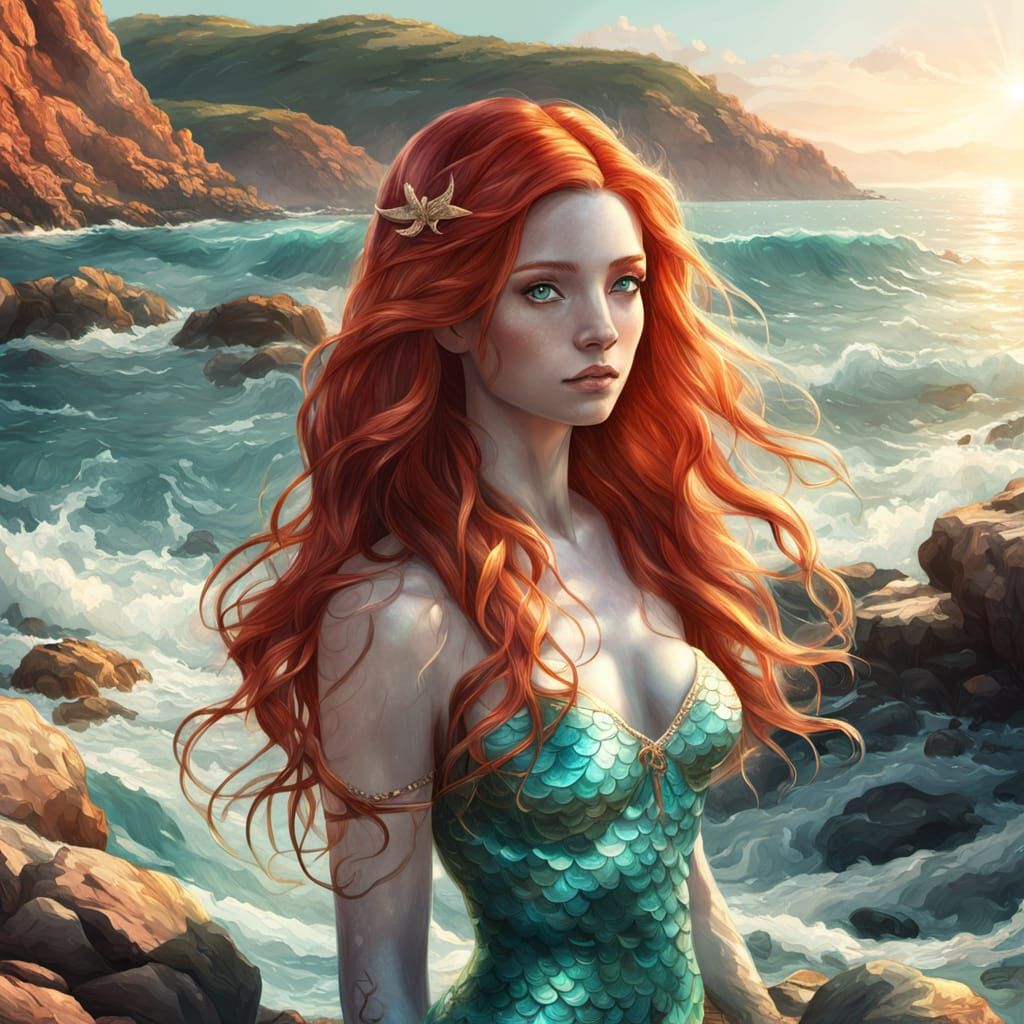 Mermaid on Rocky Coast in Fantasy Art Style