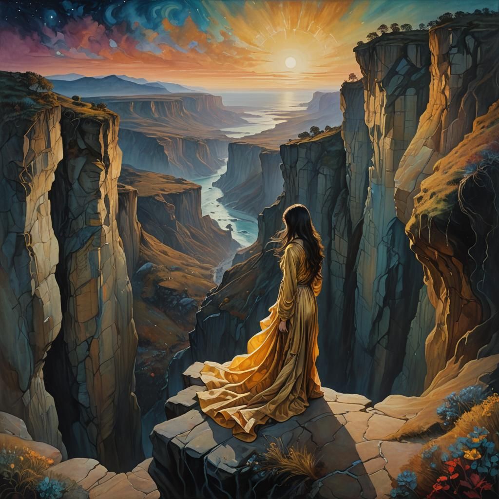 Figure on Mystical Cliffside in Surreal Oil Painting