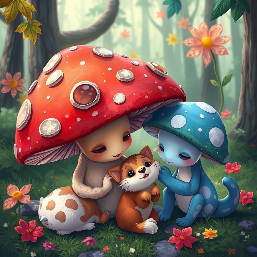 Whimsical Mushrooms Caring for Pets in Vibrant Forest
