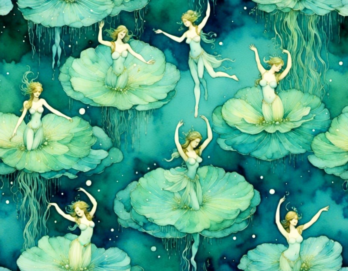 Bioluminescent Water Nymphs in Vintage Watercolor Style