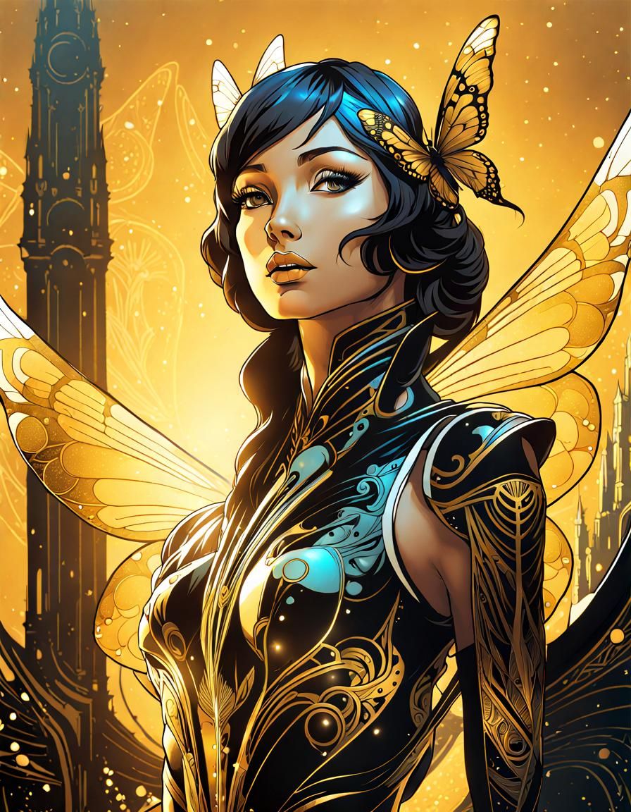 Golden Fairy with Butterfly Wings in Pen and Ink