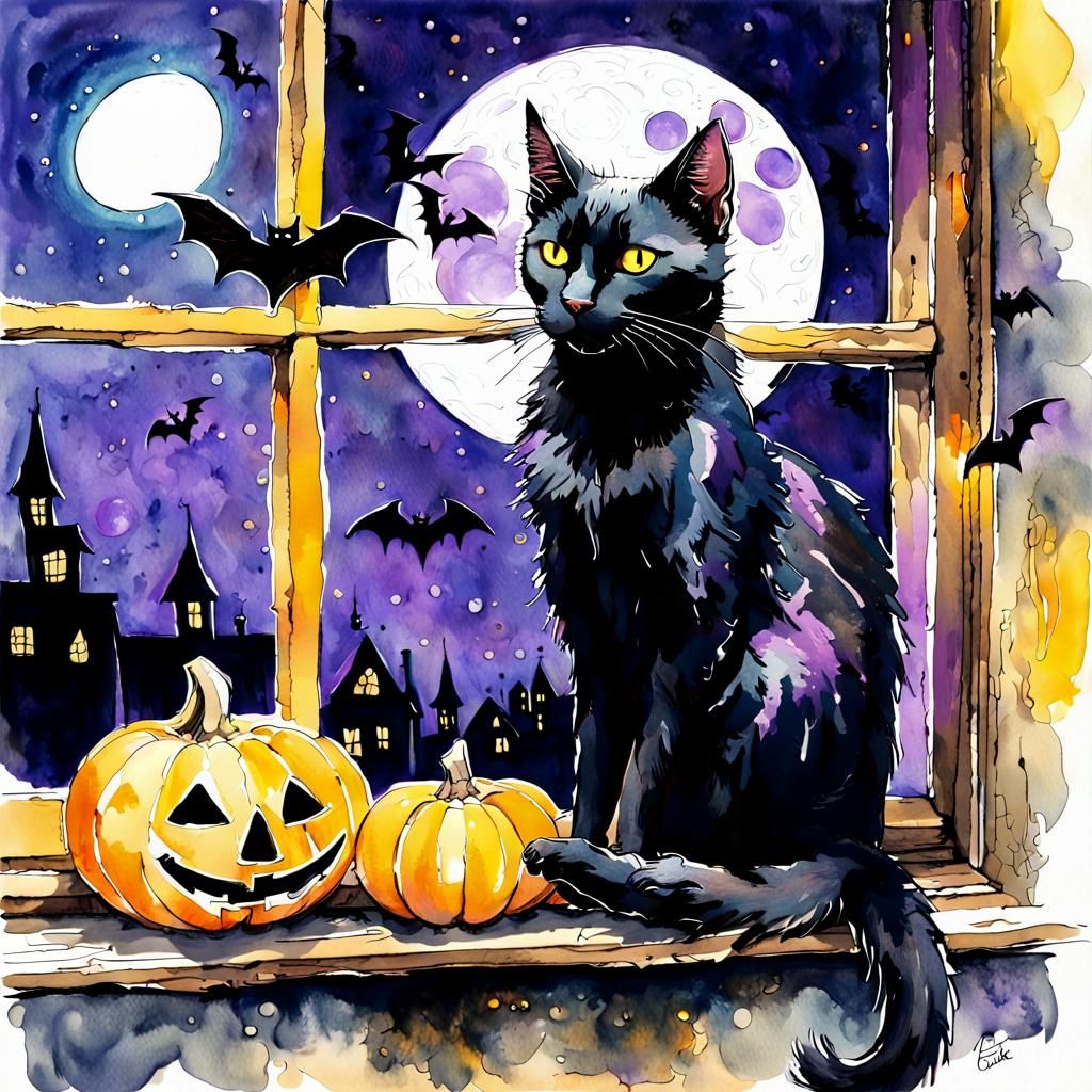 Black Cat Halloween: Impressionistic Watercolor on a Windows...