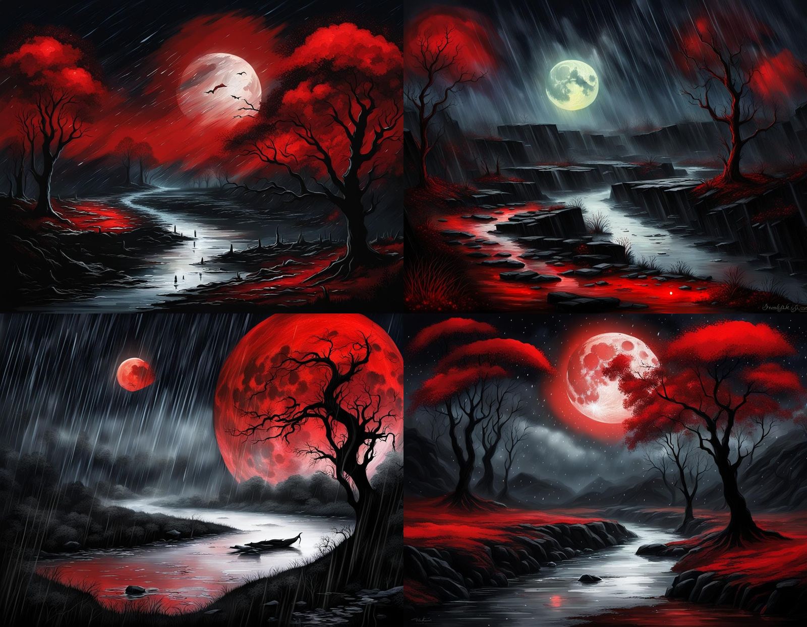 Gothic Castle Under Red Moon in Rainy Fantasy Landscape