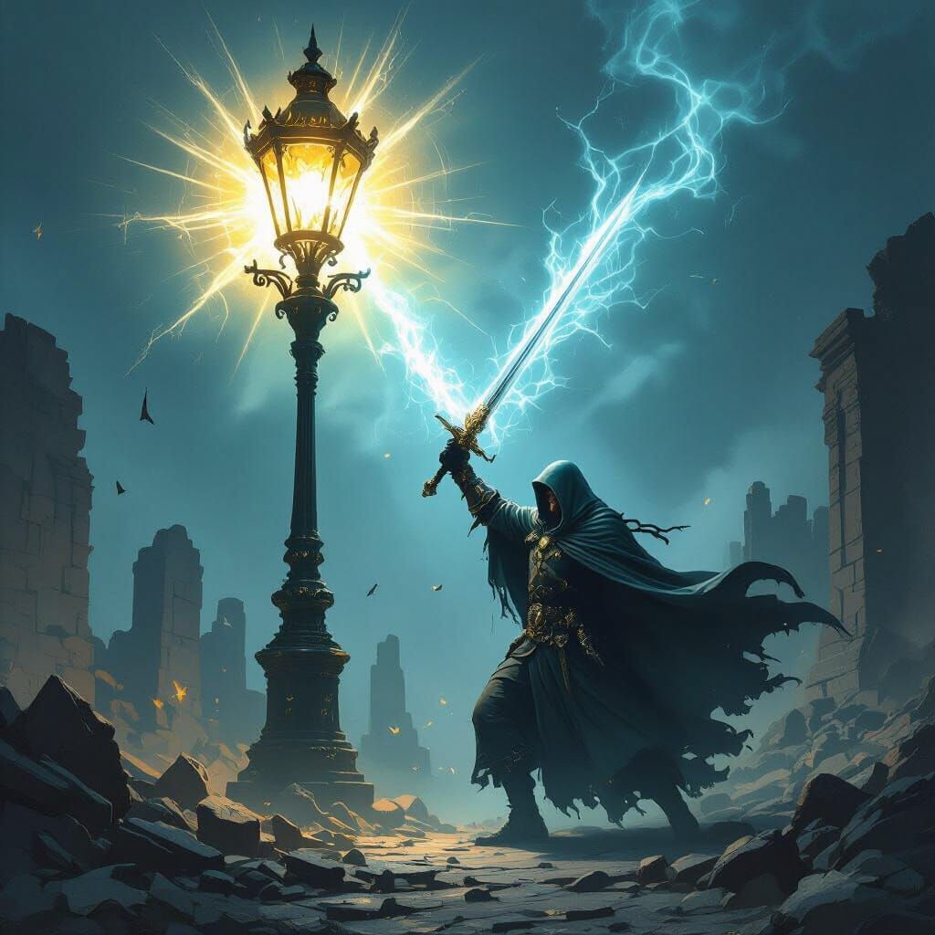 Fantasy Warrior Draws Power from Ornate Streetlamp