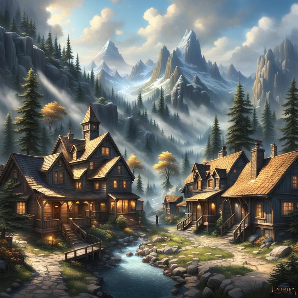 Fantasy Mountain Town in the Rockies, 3D Render