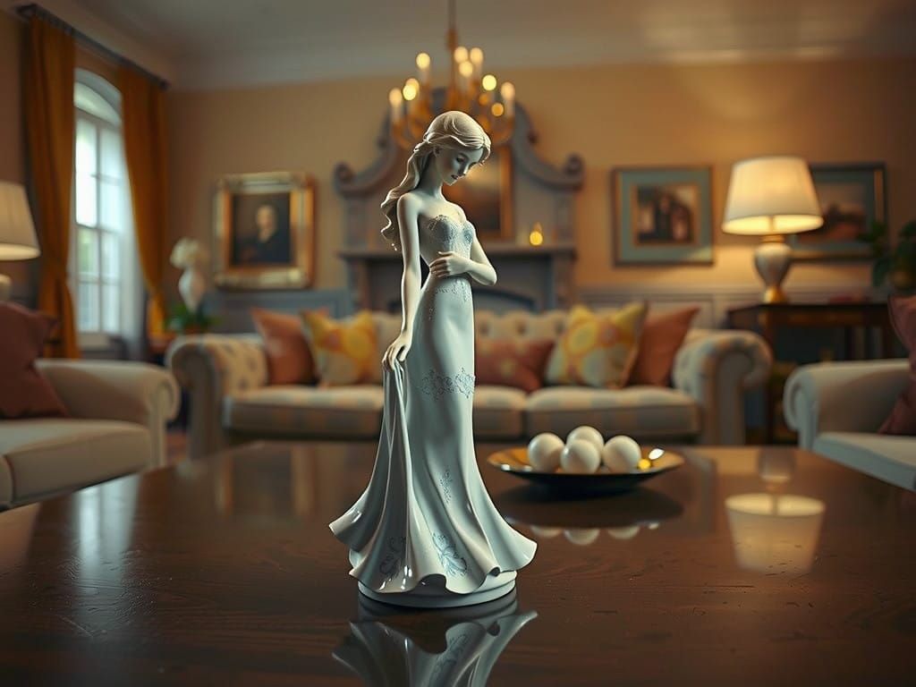 Elegant Lady Figurine on Coffee Table in Warm Home Living Ro...