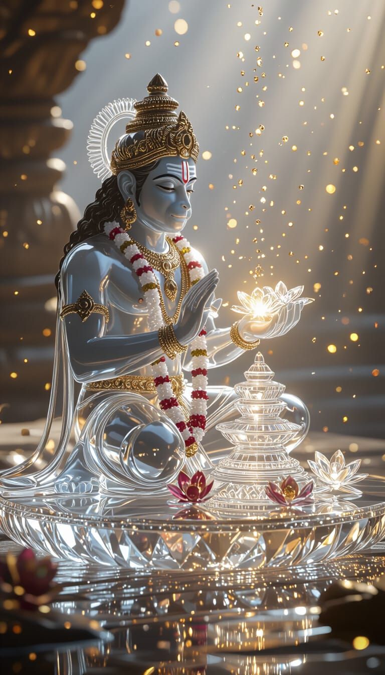 Crystal Lord Hanuman Kneeling in Divine Light