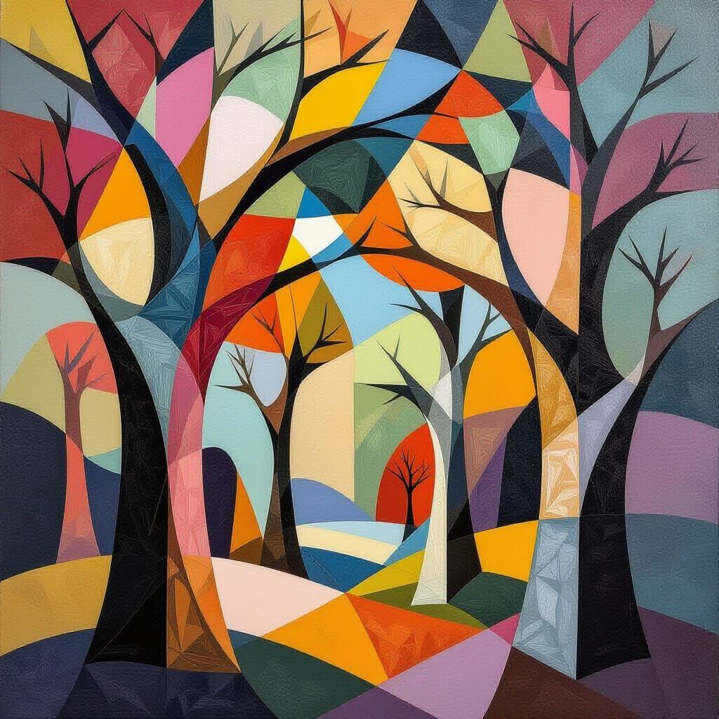 Geometric Trees Intersecting Natural Forms in Cubism Style