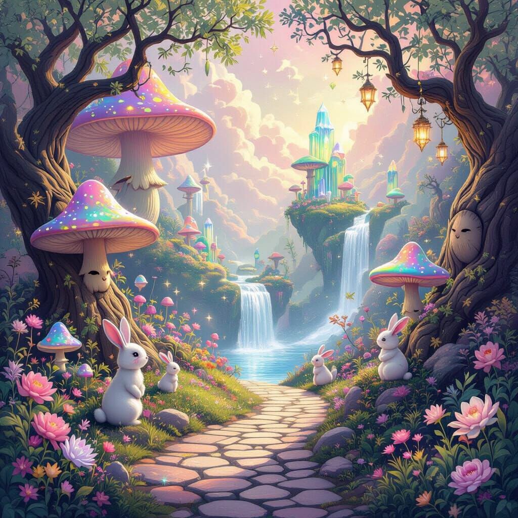 Enchanting Wonderland Scene with Iridescent Mushrooms