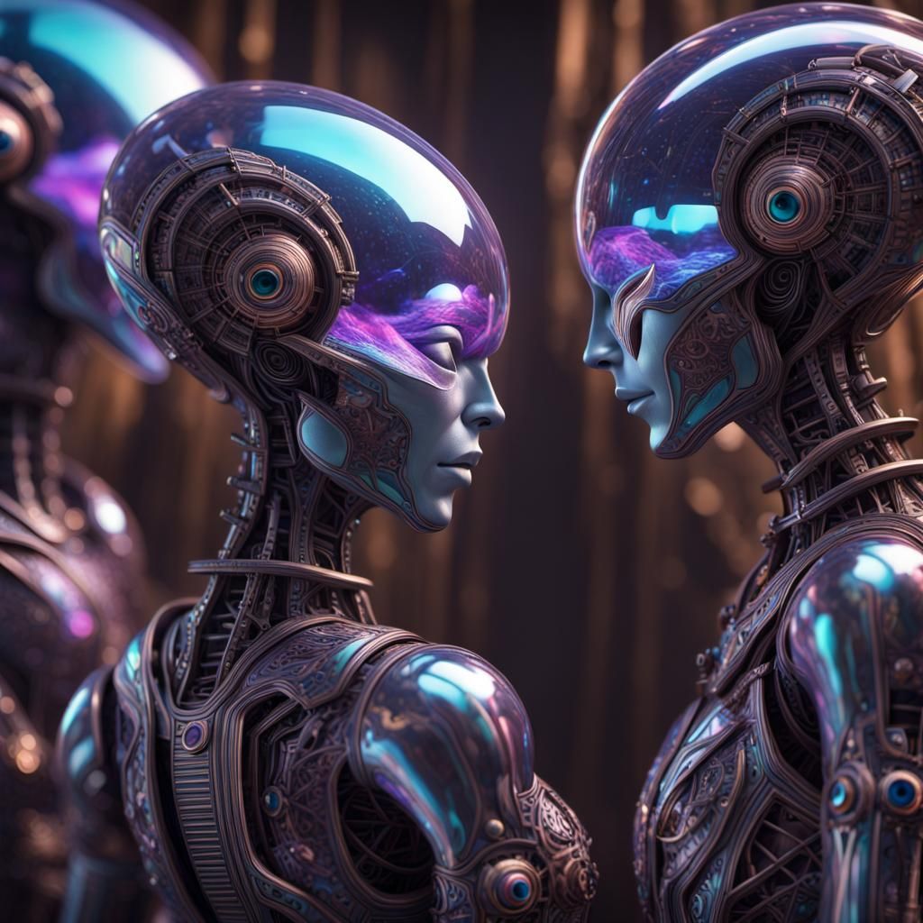 Mirrored Androids in Alien World Optical Illusion