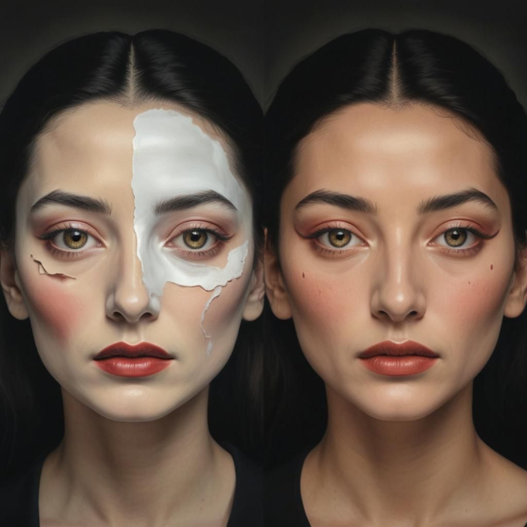 Woman's face, half with makeup and half without it. Hyperrealism , 8k resolution surrealism Salvador Dali matte backgrou...