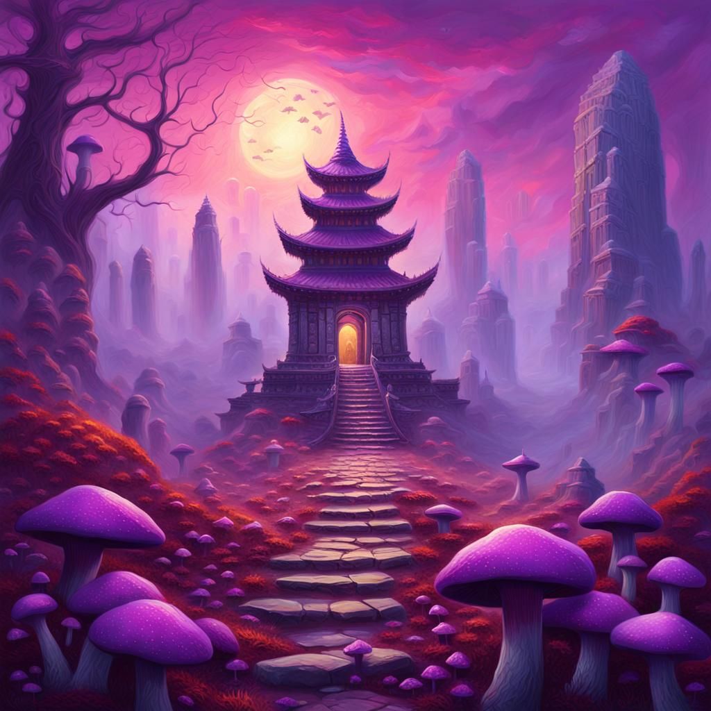 Mystical Temple Amidst Purple Mushrooms, Impasto Oil Paintin...