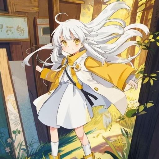 Ghibli Style Boy with White Hair and Yellow Eyes