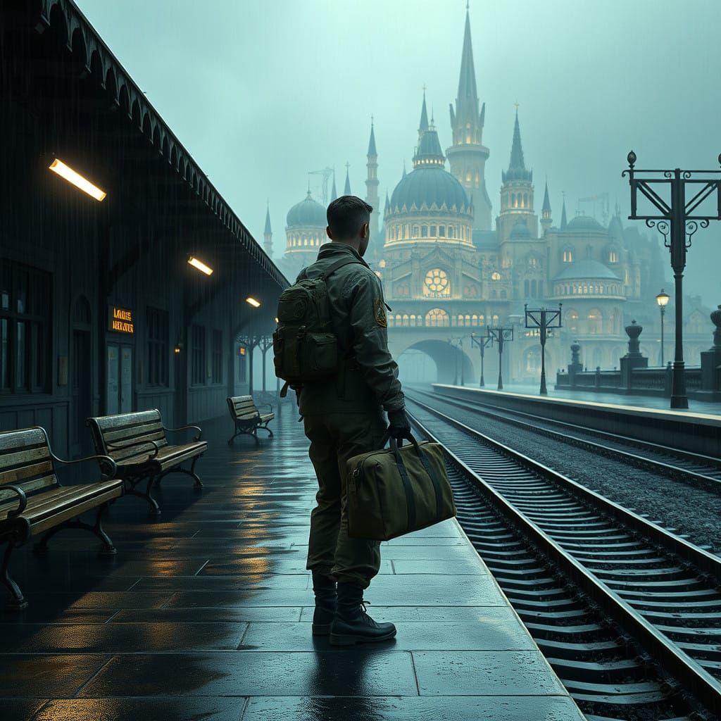 Lonely Soldier Returns to an Empty Train Station