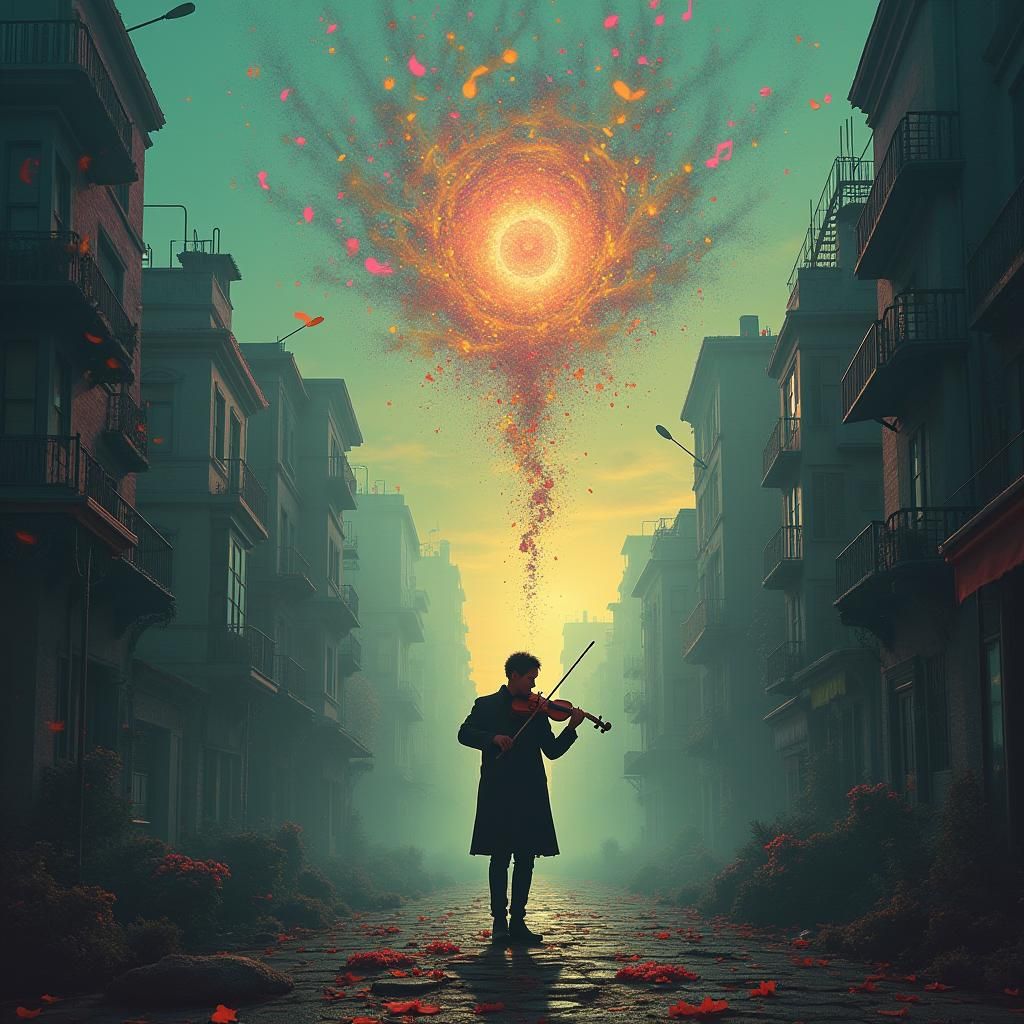 Melancholic Cityscape: Violinist's Deadly Melody