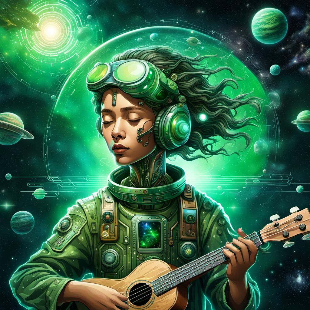 Cyborg Musician in Starship Galaxy, Digital Art