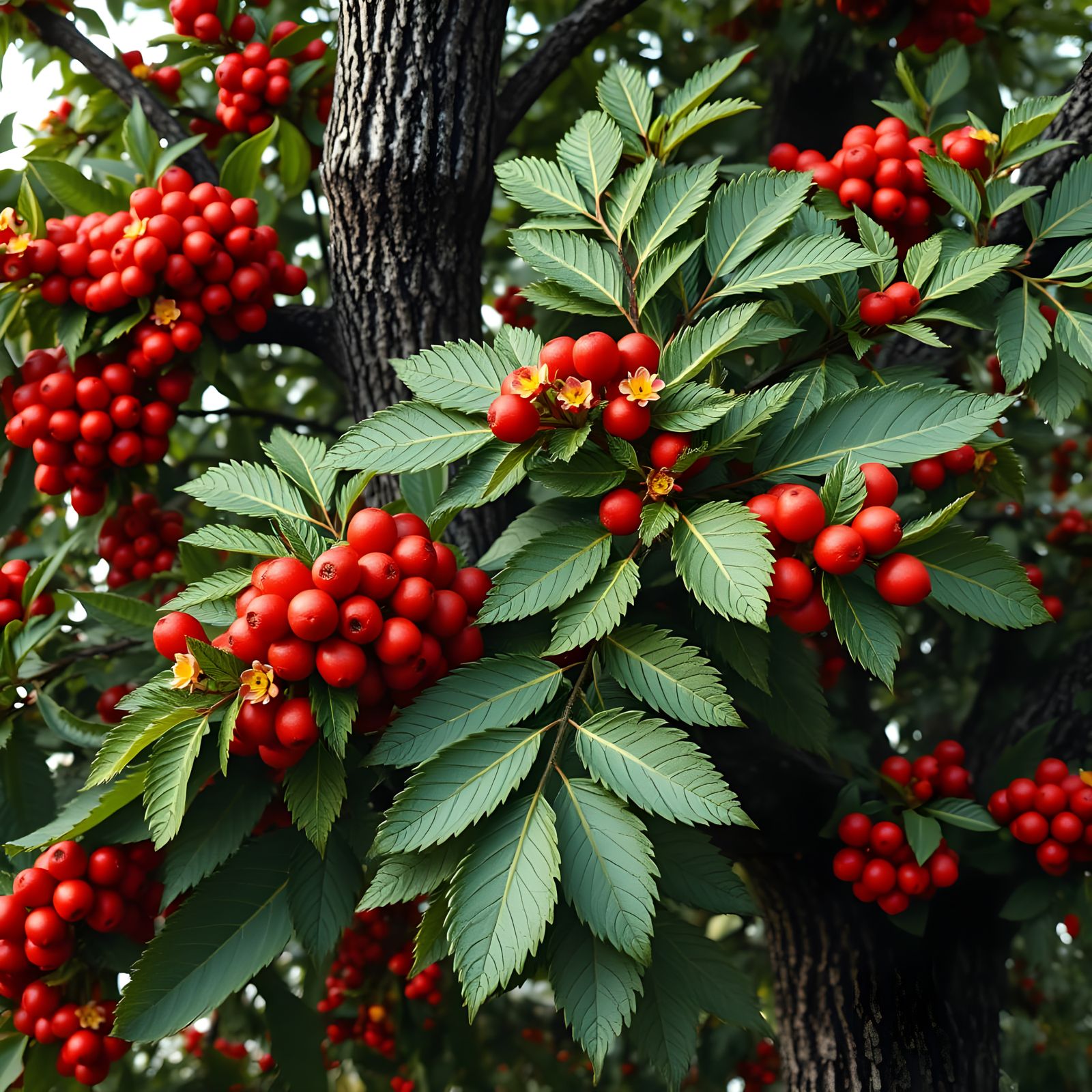 Vibrant Rowan Tree in Photorealistic Botanical Style