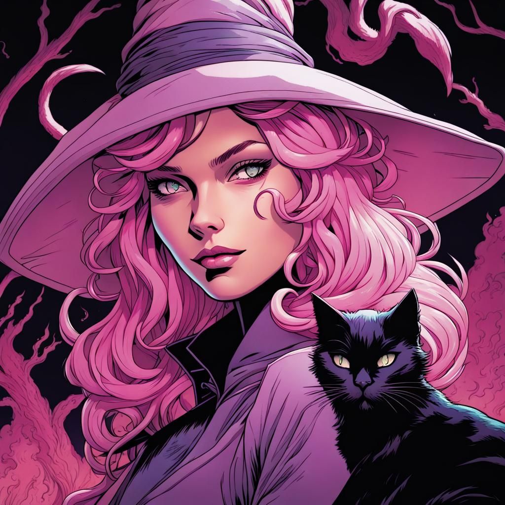 Pink-Haired Witch and Black Cat Comic Art