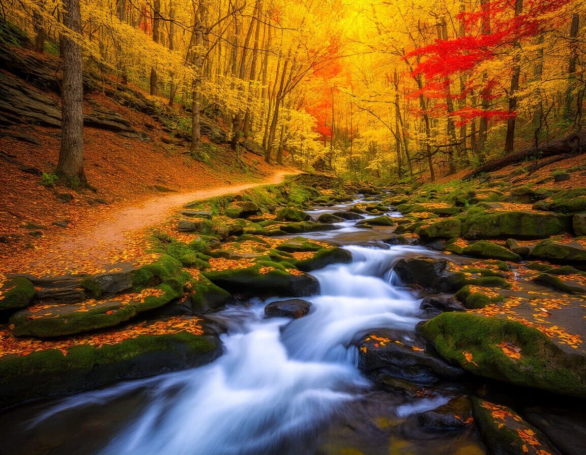 Autumn Trail Through Colorful Forest at Sunset