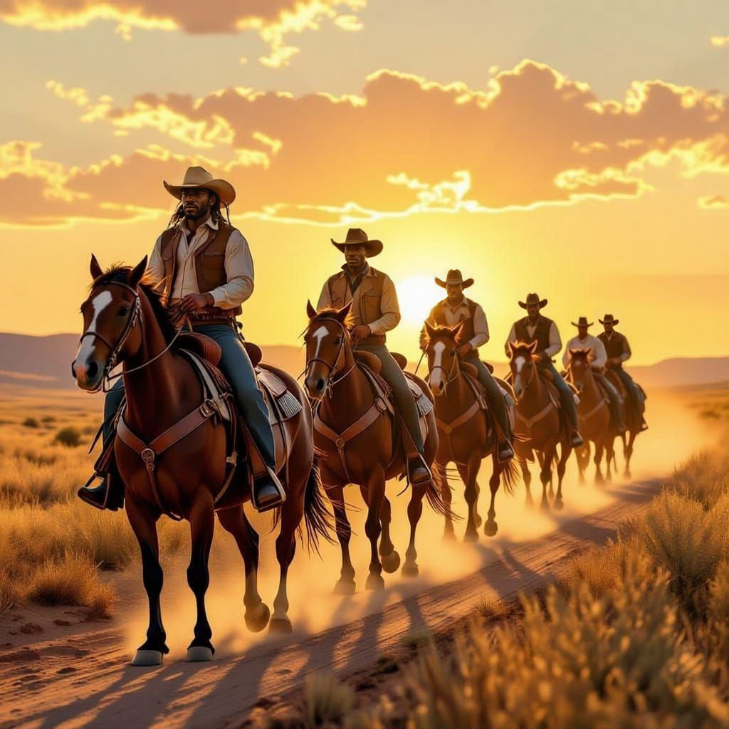 African American Cowboys Ride Horses Through Open Plains