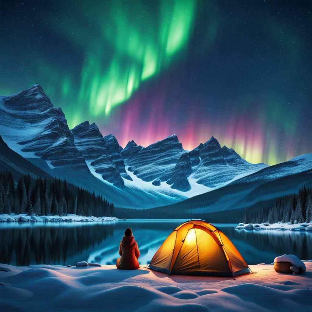 Lake Tent Under Northern Lights, Hyperrealistic Art