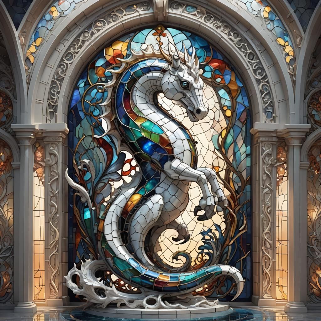 Stained Glass Hippocampus in Forged Archway: 3D Sci-Fi Art